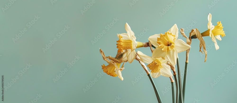 Poster close up of yellow narcissus daffodil against a green background featuring dried flowers with elonga
