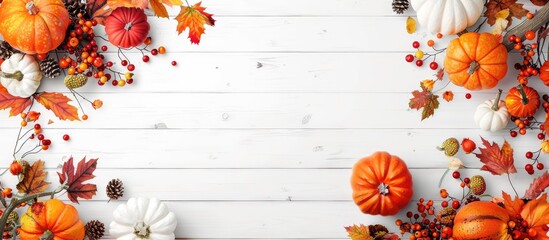 Fototapeta premium Festive autumn decorations featuring pumpkins berries and leaves on a white wooden background Ideal for Thanksgiving Day or Halloween Flat lay autumn arrangement with copyspace