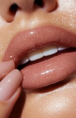 Obraz premium model's hand with well-groomed nails, resting on her chin or upper lip in an inviting gesture. 