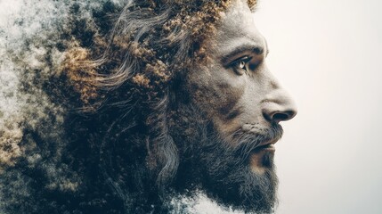 A striking double exposure image, combining Jesus Christ's peaceful countenance with a lion's confident and fearless gaze, creating a deep symbolic portrait