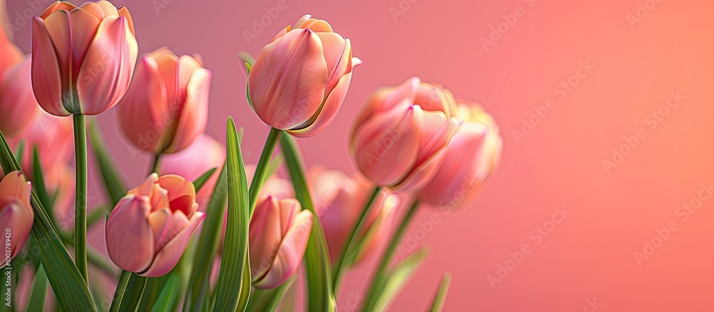 Poster tulips in spring isolated on a pink background. copy space image. place for adding text and design