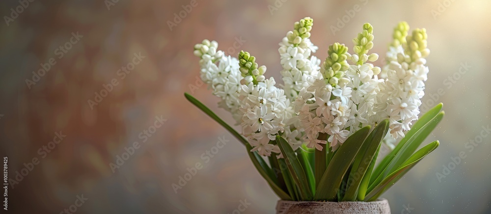 Poster white grape hyacinths in a vessel. copy space image. place for adding text and design