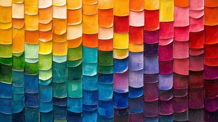 A vibrant mosaic of multicolored squares arranged in a dynamic, flowing pattern, with some squares fading into transparency for a modern abstract effect