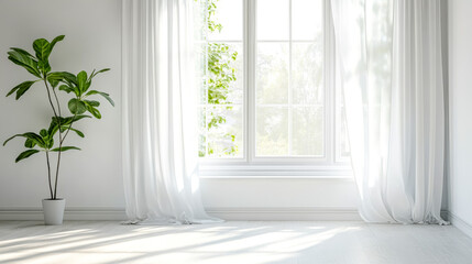 Fototapeta premium Sunlight streaming through window illuminating white room with plant