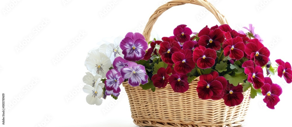 Aufkleber red and white violet flowers arranged in a basket against a white background. copy space image. plac