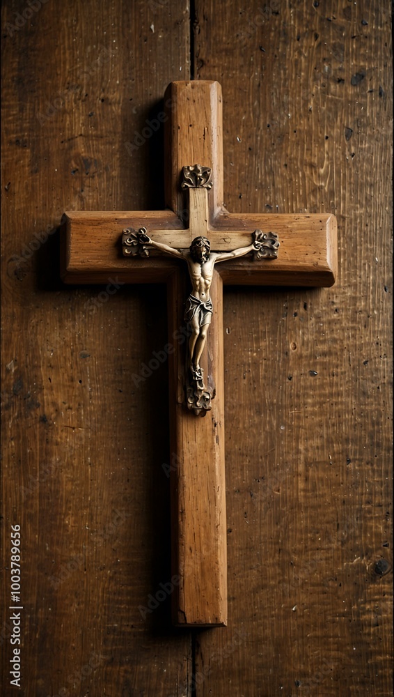 Poster a wooden cross and open book rest on a rustic surface, providing space for text or imagery.