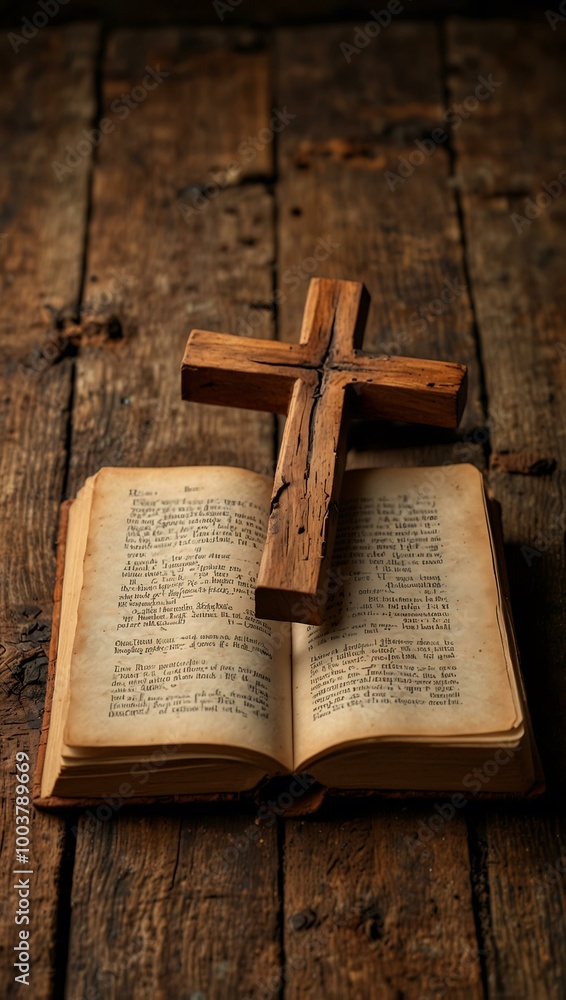 Poster a wooden cross and open book rest on a rustic surface, providing space for text or imagery.