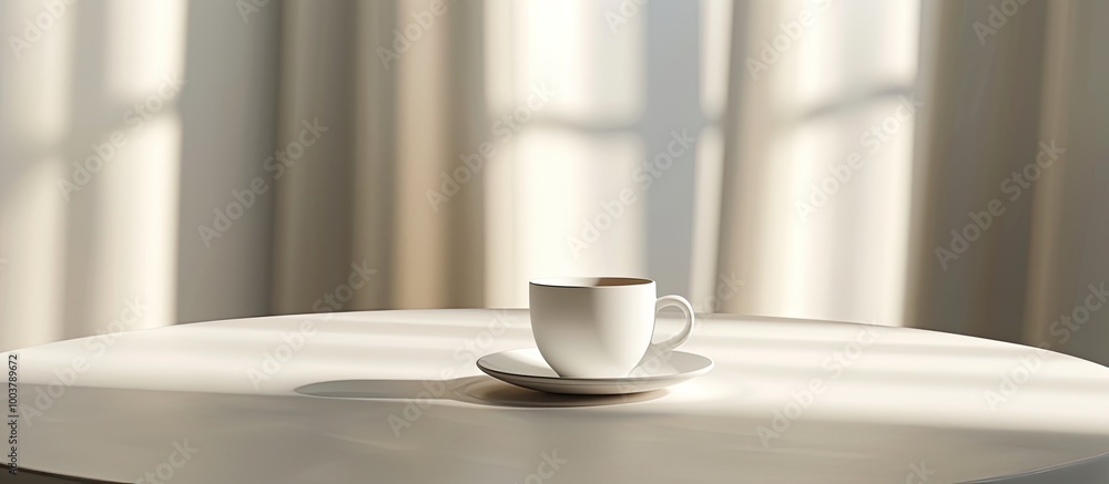 Poster white coffee cup on a circular table used as a template. copy space image. place for adding text and