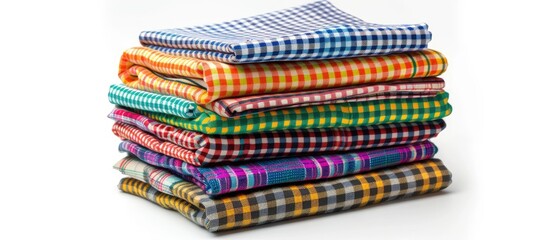 A stack of vibrant checkered plaid fabric on a white background with copy space