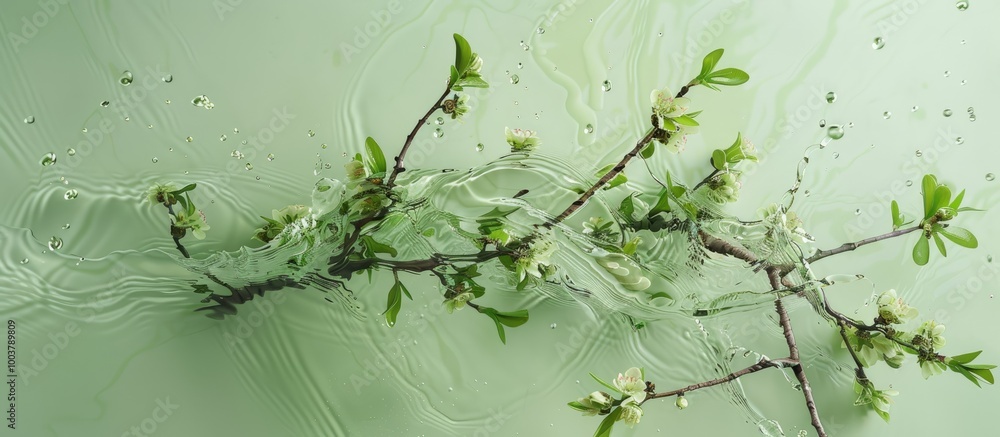 Poster a serene flat lay arrangement with fresh branches submerged in water against a soft light green back