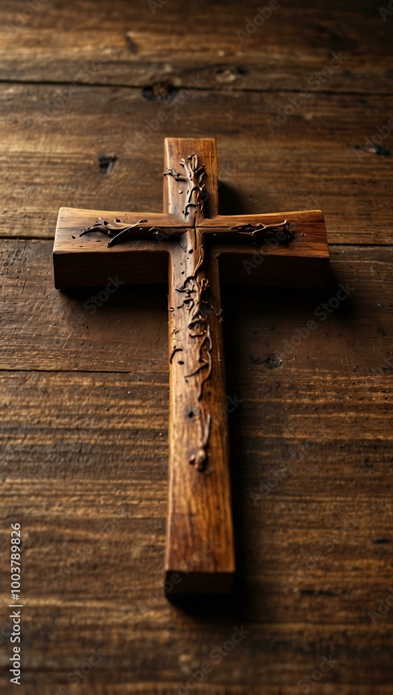 Poster a wooden cross and open book rest on a rustic surface, providing space for text or imagery.