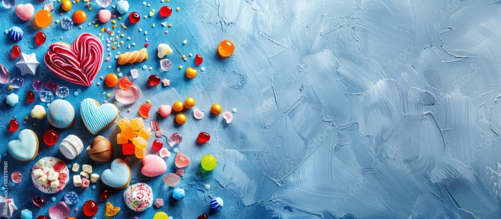 Poster An array of colorful festive sweets blue heart shaped marmalade on a blue backdrop along with an assortment of caramels candies and marshmallows Abstract background Top view Copy space