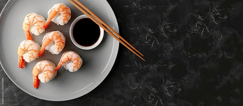 Poster top view of a plate featuring shrimp rolls chopsticks and soy sauce. copy space image. place for add