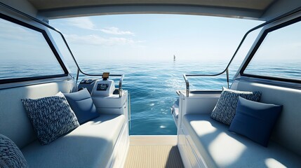 cabin cruiser with comfortable seating and a beautiful ocean backdrop  