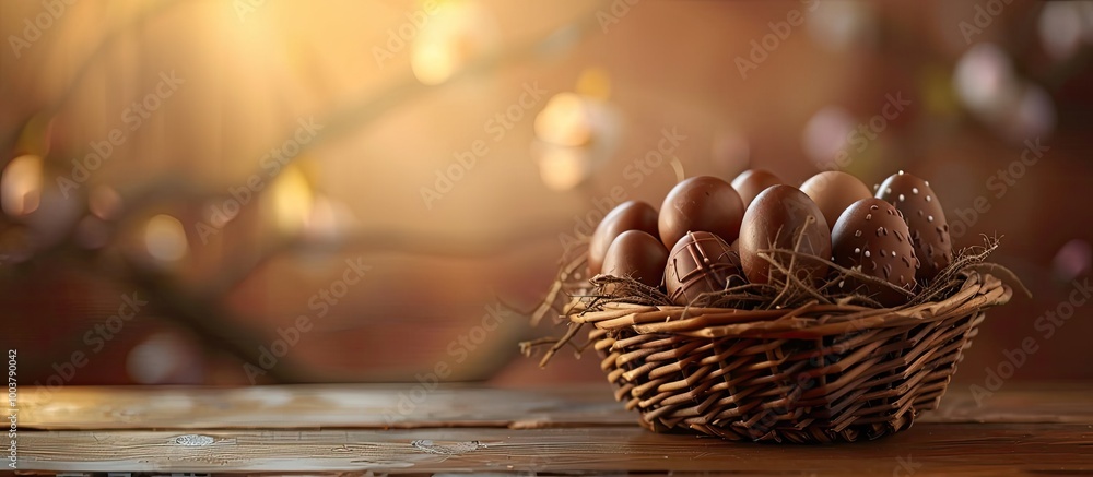 Poster wicker basket containing chocolate egg. copy space image. place for adding text and design