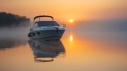 Cabin cruiser at sunrise on a tranquil lake 