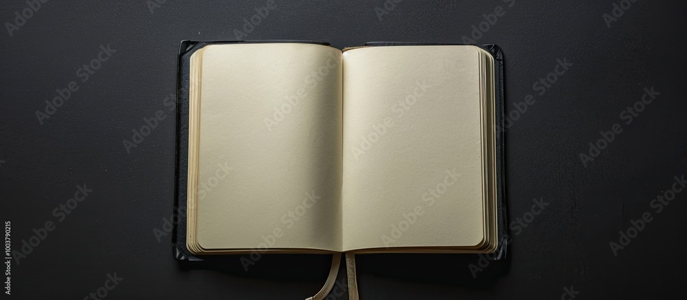 Poster open a blank square notebook on a black paper background. copy space image. place for adding text an