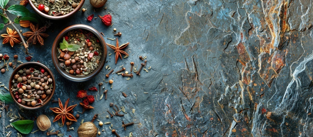 Aufkleber dried tea with fresh spices on a stone backdrop selective focus. copy space image. place for adding 