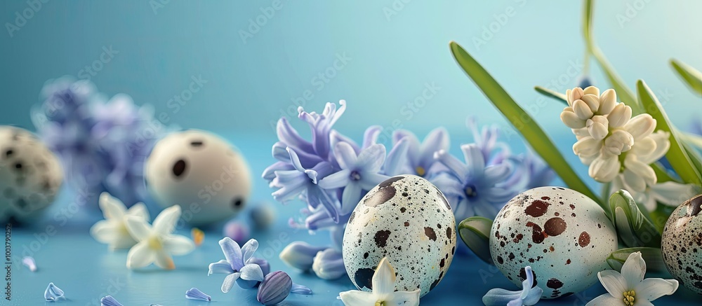 Poster easter holiday with a blue background featuring quail eggs and hyacinth flowers. copy space image. p