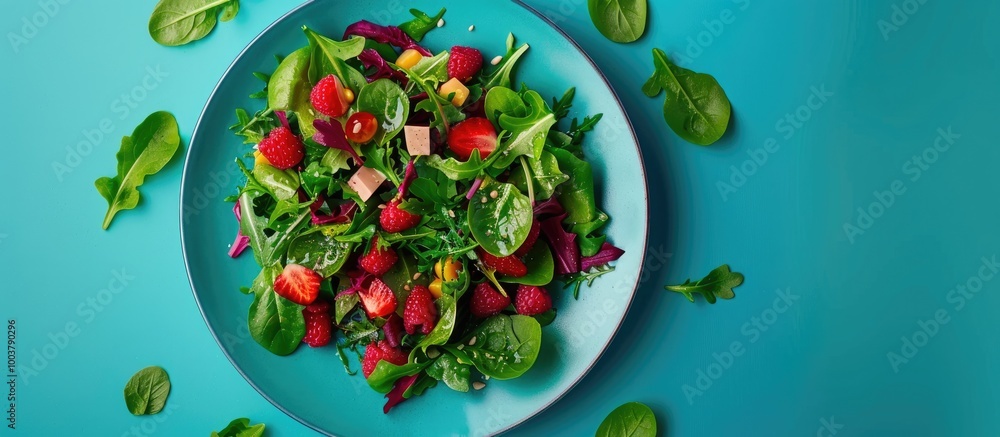 Poster mini fresh salads with dressing on a turquoise plate top view catering a table set with appetizers a