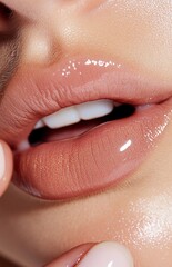 Fototapeta premium model's hand with well-groomed nails, resting on her chin or upper lip in an inviting gesture. 
