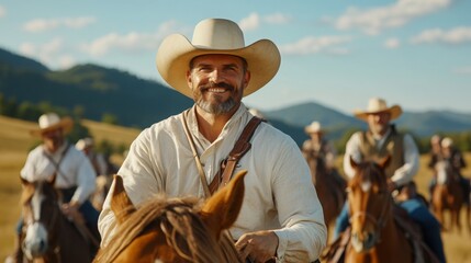 cowboy riding horse, cowboy riding horse outdoors, cowboy riding horse western, western lifestyle group riding horses across the American prairie, authentic cowboy riding on ranch trail in golden hour