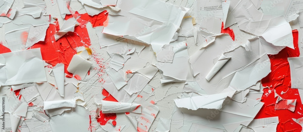 Poster art collage made of ripped paper with torn edges a collection of sticky notes in red and white along