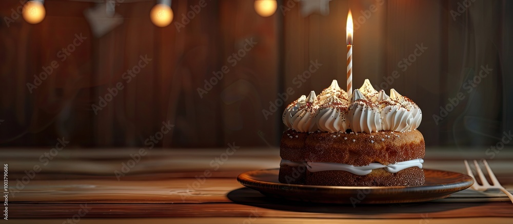 Poster a cake topped with white cream and a burnt out candle holiday theme. copy space image. place for add