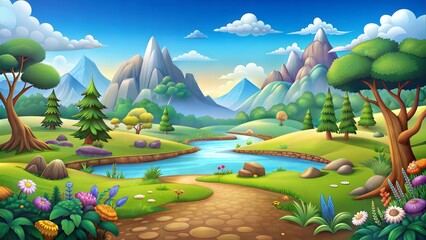 Naklejka premium Cartoon nature landscape with river, trees, and mountains.