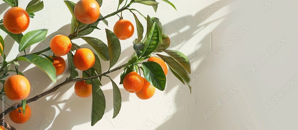 Aufkleber branch with orange fruits on a white background with a blurred full depth of field suitable for a co