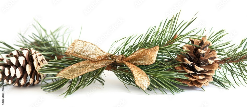 Poster christmas decor featuring pine needles and a pinecone adorned with a gold ribbon set against a white