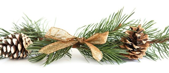 Naklejka premium Christmas decor featuring pine needles and a pinecone adorned with a gold ribbon set against a white background. Copy space image. Place for adding text and design
