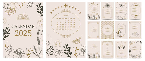 2025 table monthly calendar week start on Sunday with boho style that use for vertical digital and printable A4 A5 size