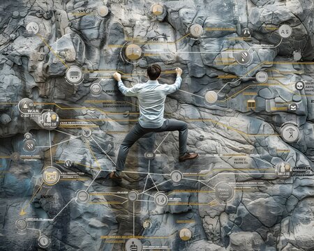 Businessman Climbing Rock Wall with Milestone Handholds Aiming for Goals and Achieving Success
