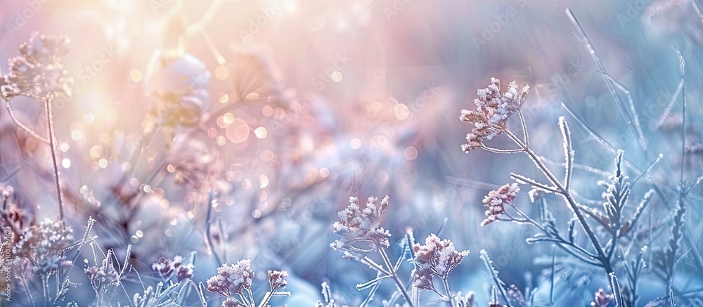 Poster frozen wildflowers close up winter landscape. copy space image. place for adding text and design