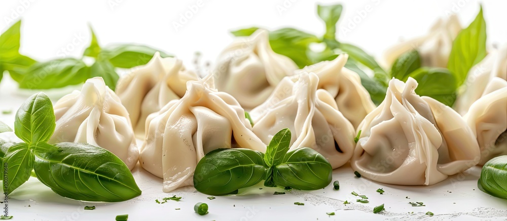 Aufkleber various uncooked dumplings with fresh basil on a white backdrop with copy space image