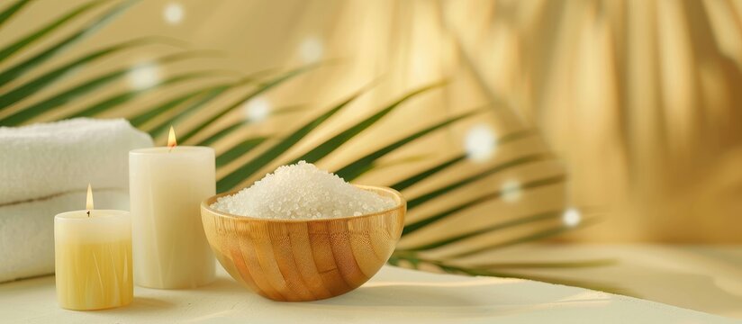 Spa bath arrangement featuring sea salt in a wooden bamboo bowl resting on a green palm leaf against a light yellow backdrop accompanied by an aromatic candle soap and a white towel creating a massag