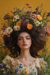 brunette woman with large, natural hair made out of flowers. She is wearing and has her head surrounded by colorful wildflowers. 