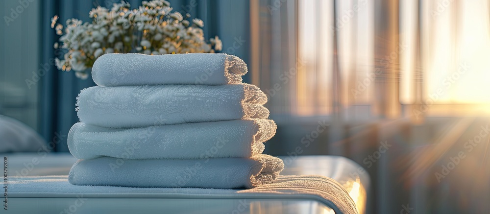 Poster a pile of clean towels on a table. copy space image. place for adding text and design