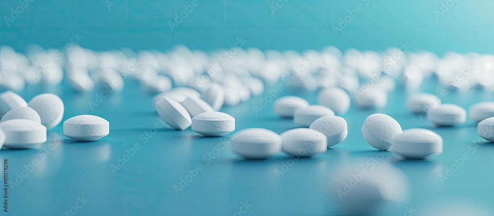 Aufkleber many white pills are on the blue table. copy space image. place for adding text and design