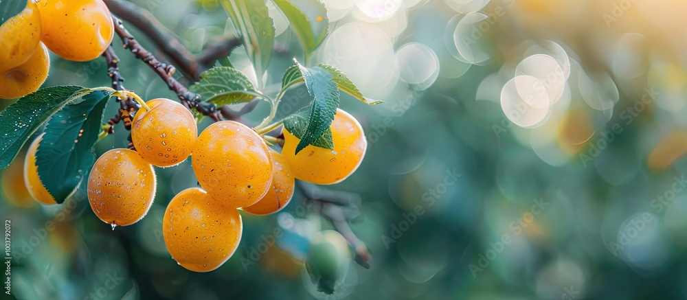 Poster ripening yellow plums on a branch captured in close up with selective focus and copy space