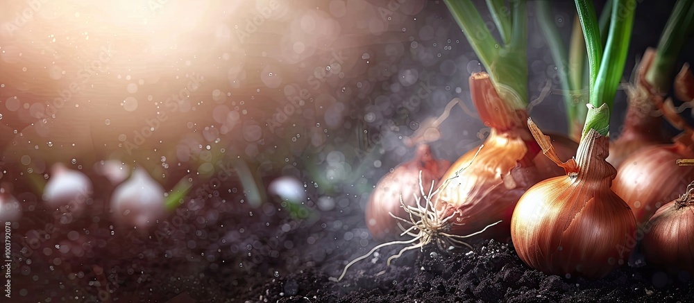 Poster a blend of onion for planting seeds. copy space image. place for adding text and design