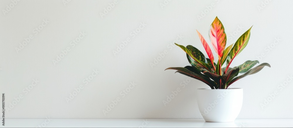 Poster small indoor green and red plant in a white pot sitting on the table isolated on a white background.