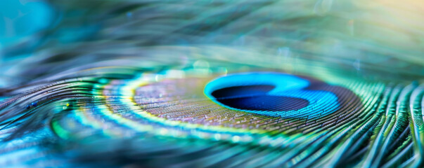 Naklejka premium Close-up of a peacock feather displaying vibrant colors and intricate patterns in natural light