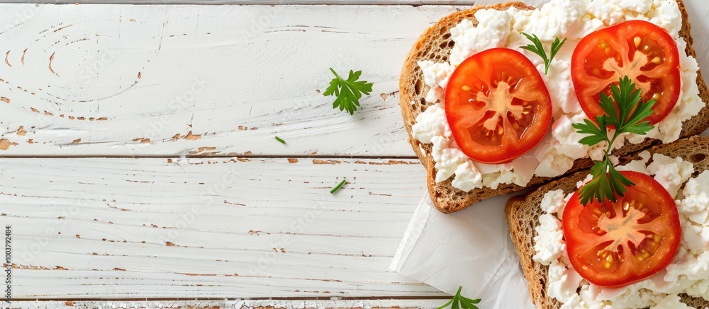 Poster slice of bread topped with cottage cheese and tomatoes on a white wooden surface. copy space image. 