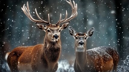 Noble deer male and female in winter snow forest. Artistic winter Christmas landscape. Winter wonderland. 