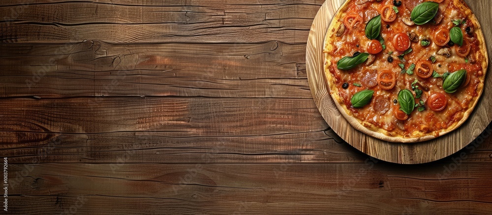 Poster a tasty pizza featuring a selection of toppings is beautifully arranged on a rustic wooden cutting b