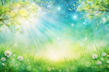 Obraz premium Light green blue spring background with sun shine and blurry Watercolor Panoramic