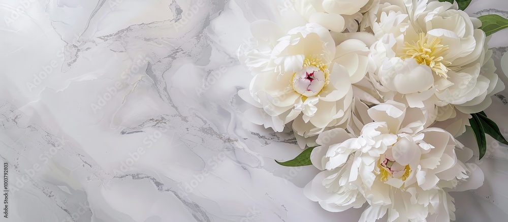 Poster top view of a bouquet of white peonies in craft paper on a grey tabletop with a clear area in the im