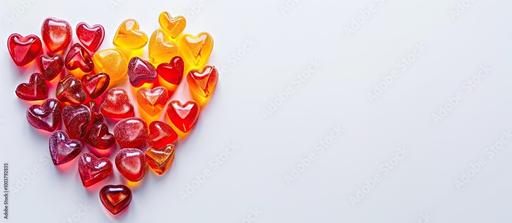 Poster heart shaped from sweet candies on a white background top view. copy space image. place for adding t